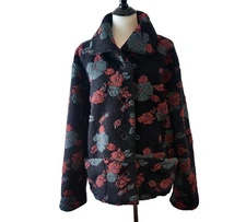 Citron Santa Monica Sz S/M Rare Black Red Blue Floral Sherpa Fleece Coat Jacket