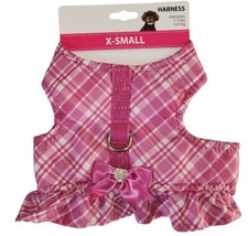 Pink White Plaid, Satin Bow, Ruffle Trim Puppy/Dog Harness Leash Set, XS