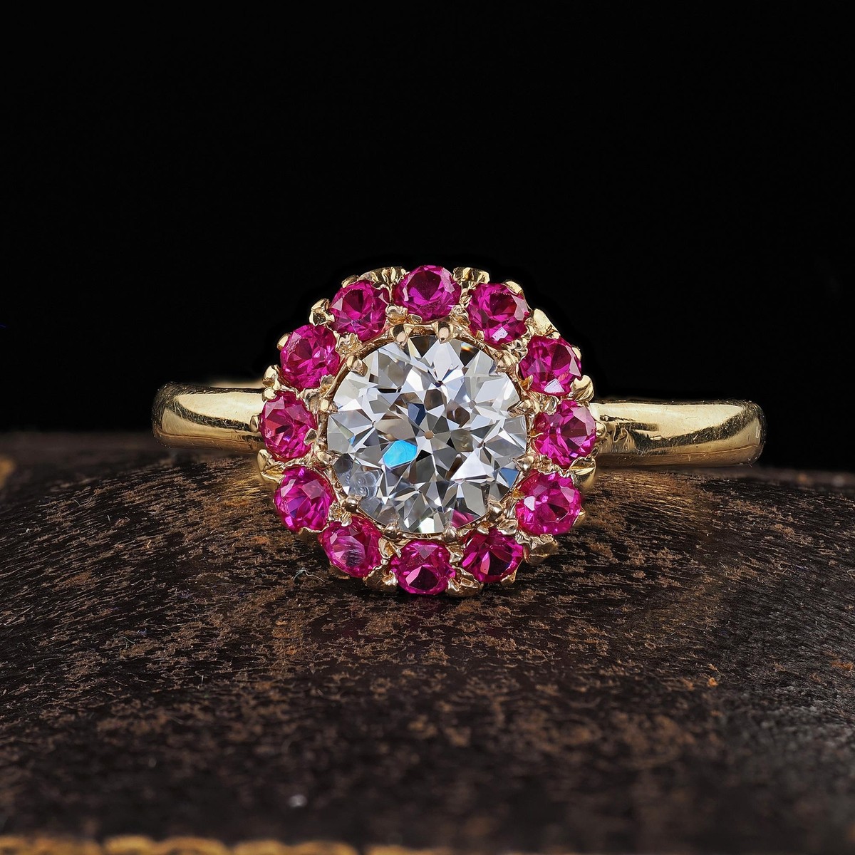 Retro Tiffany Co 18K Gold Old Diamond Pink Sapphire Halo Engagement Ring  GIA