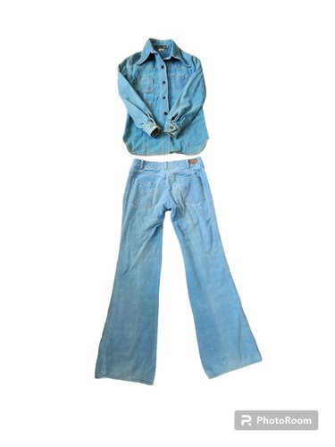 Conjunto de camisa vaquera y jeans campana cuello puntiagudo de mezclilla boho vintage años 70 para mujer M - Imagen 12 de 12