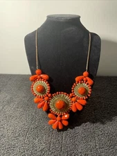 VINTAGE ZAD Orange Bead Goldtone Cleopatra Aztec Style Bib Statement Necklace