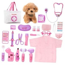 Toy Doctor Kit for Girls, Pretend Play Toy Doctor Set with Dog Pink with Doll