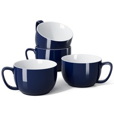 4-Pack 24 oz Porcelain Coffee Mugs Large Soup Bowls with Handle Navy Stripe