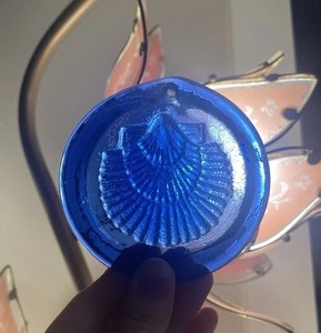 Vintage Cobalt Blue Glass Suncatcher Or Ornament with Seashell Design