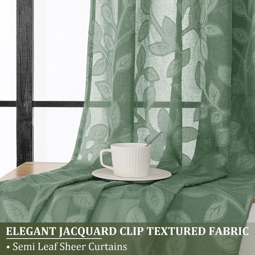 Sage Green Sheer Curtains 63 inches Long 2 Panels for Living Room, Jacquard C... - Picture 2 of 8