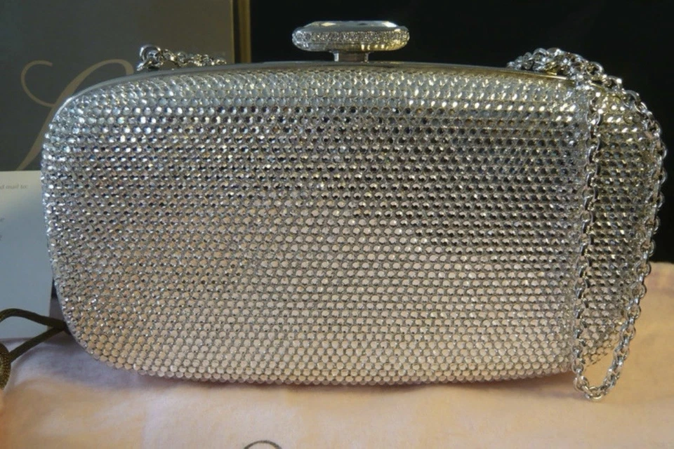 Judith Leiber sac de soirée métal argenté cristaux strass chaîne boîte & cartes - Photo 3/4