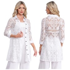 Women's Sheer Lace Shirt Button Down Floral Blouse Embroidery Lapel Jacket Tops