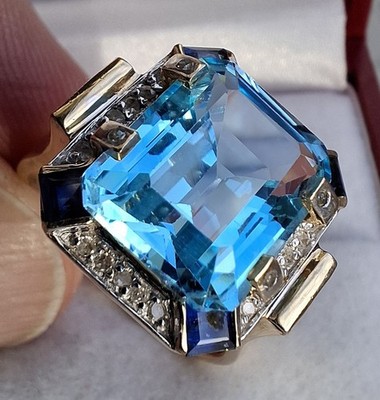 14 kt Gold großer 6 kt Topas Saphir Diamant Art Deco Cocktail Verlobungsring 6 g