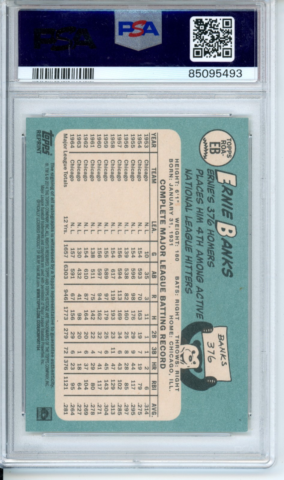 2014 Topps Heritage Ernie Banks Red Ink Auto Autograph #/65 PSA 9 view 2
