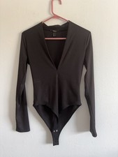 Forever 21 Black Ribbed Long Sleeve V-Neck Bodysuit size L