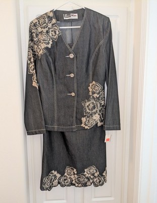 Ben Marc International Navy Jacket & Skirt Set w/Beige Floral Embroidery, Size M
