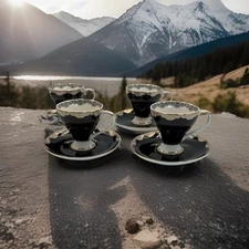 Grace Teaware, Set of 4 Espresso Cups & Saucers,  Black & Gold