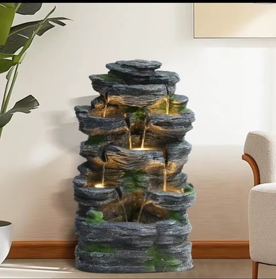 7-Tier Garden Waterfall Fountain, Resin Indoor Outdoor Floor Fountain w/ LED