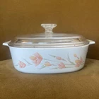 VTG CORNING WARE Peach Floral Pattern A-2-B, 2 L CASSEROLE DISH w/ Pyrex LID