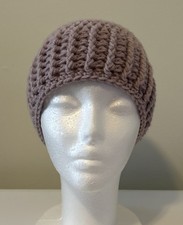 Crochet Women  s Light Grey Purple Beanie Hat Handmade One Size Fall Winter