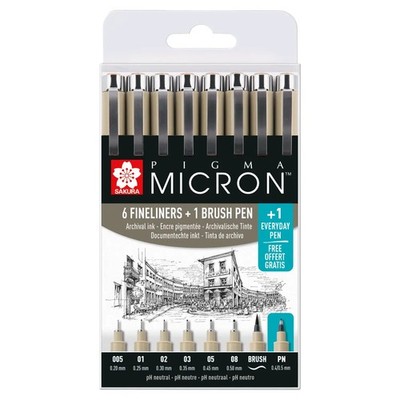 Sakura Pigma Micron Promotion-Set 7 Fineliner Schwarz + 1 gratis Pigma Micron PN
