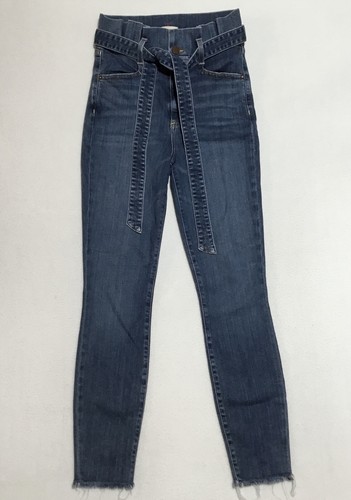 Alice + Olivia Good Paperbag Waist Skinny Jeans Size 27 Blue Dark Wash Raw Hem