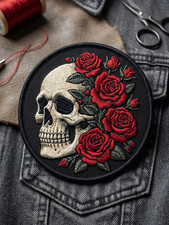 Skull Roses Embroidered Patch Iron On Gothic Floral Biker Jacket Vest Backpack