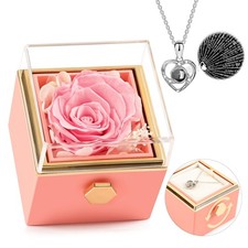 Preserved Real Pink Forever Rose Rotating Box with I Love You Necklace 100 La...