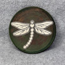 Dragonfly Coaster Raku Pottery Vintage Green White Heart Signed - J. Diller