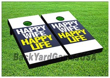 Cornhole Boards BEANBAG TOSS GAME Happy Wife Happy Life Blue Yellow w Bags Set