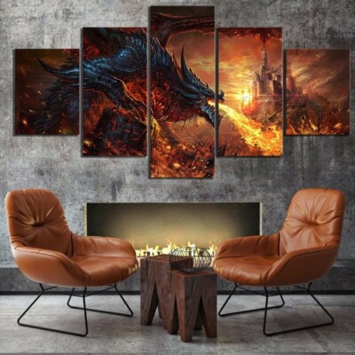 Abstract Fantasy Black Fire Dragon Castle 5 Piece Panel Canvas Wall Art ...