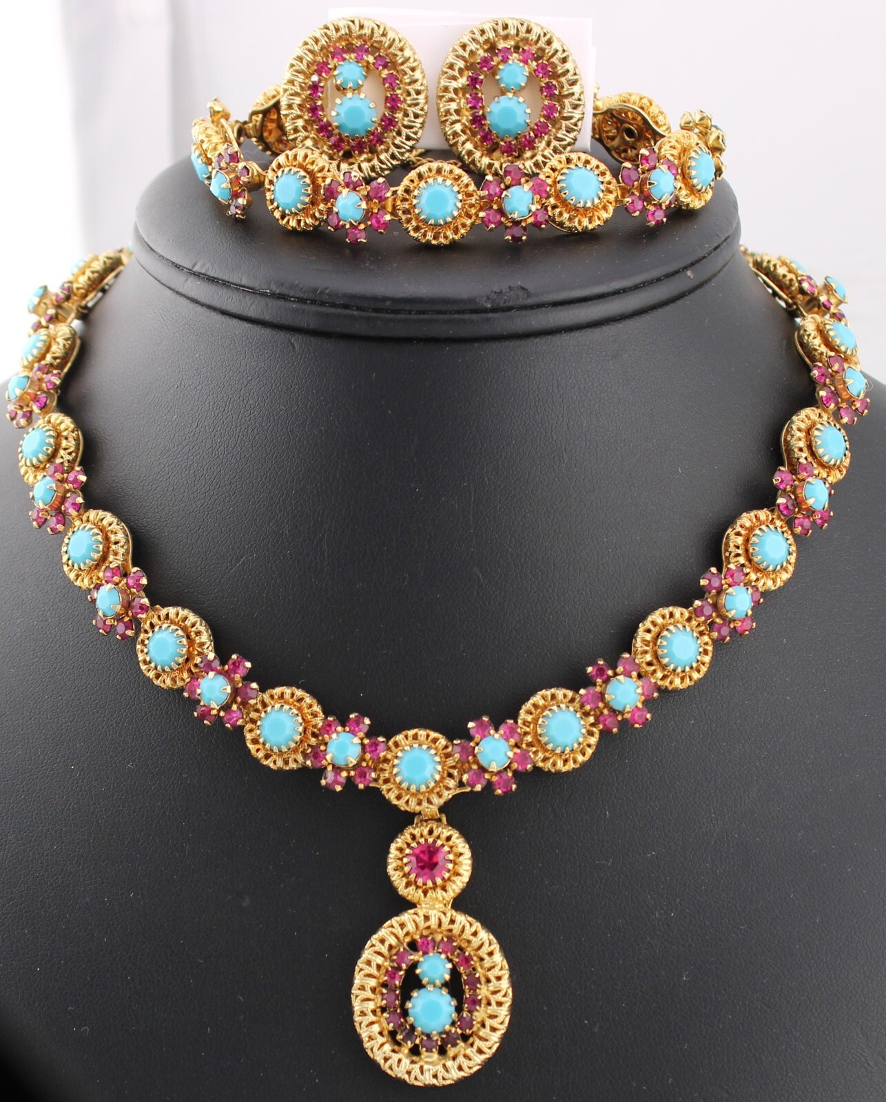 Antique Turquoise Ruby Rhinestone Gold Filigree N… - image 6