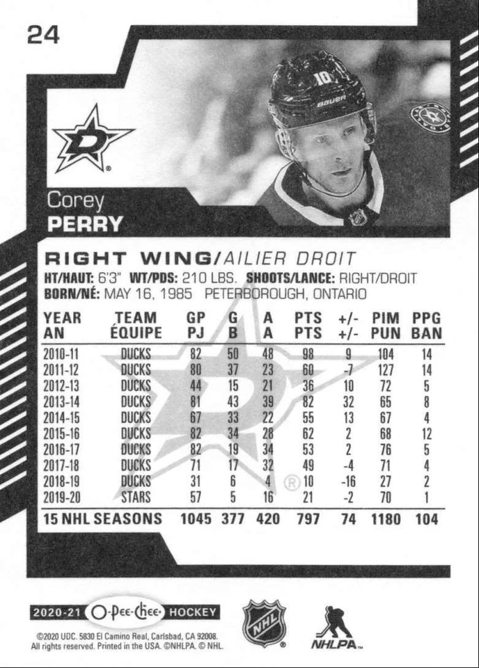 2020-21 O-Pee-Chee Corey Perry Dallas Stars #24 - Image 2 of 2