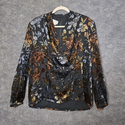 Vintage Cache Top Womens 16 Black Gold Velvet Burnout Faux Wrap Glam Evening