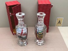 2 Oriental Clear Glass Vases with Red Boxes - Birds