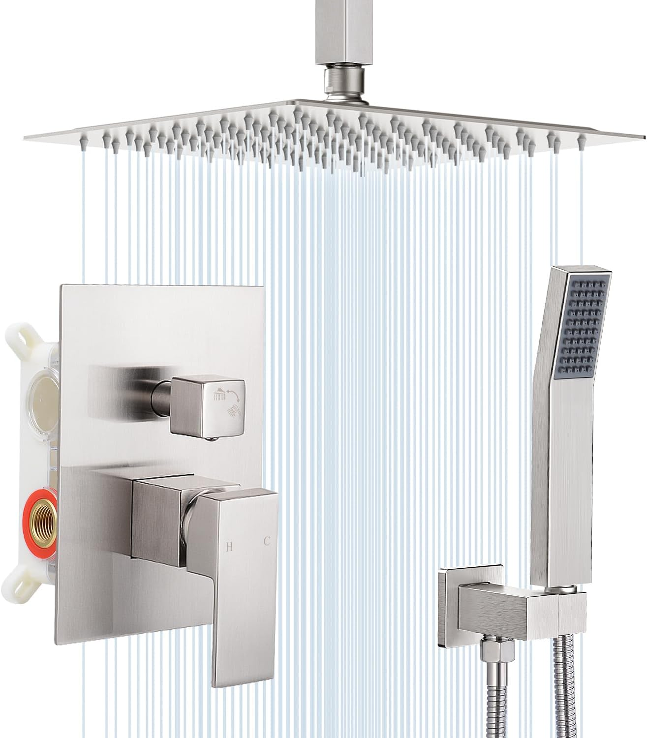 10 Inch Ceiling Mount Shower Faucet Set Square Showerhead Bathroom Rainfall Show