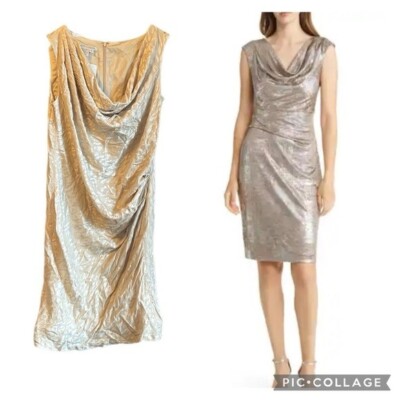 NWT Maggy London Gold Cowl Neck Sleeveless Evening Silky Lined Dress 10 Mob Wife NWT Maggy London Gold Cowl Neck Sleeveless Evening Silky Lined Dress 10 Mob Wife