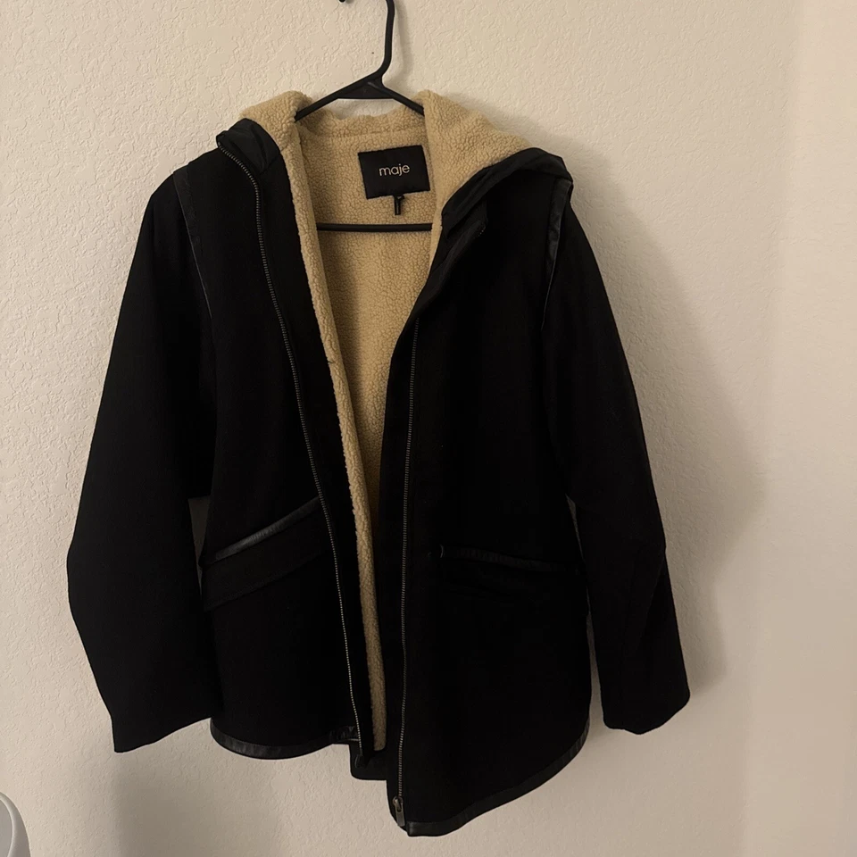 MAJE Abrigo trasero acampanado ribete cuero negro totalmente forrado FR36 S Foto 2 de 4