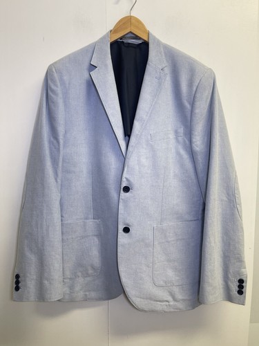 H&M Blazer Mens 44R Slim Fit Blue Cotton Oxford Sports Coat Jacket Elbow Patches