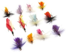 Hand Tied Hair and Feathered Fishing Treble Hooks, Many Colors, Mixed Lot of 12