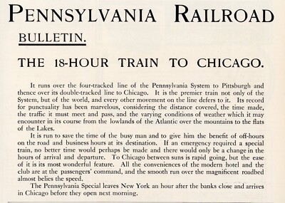 1908 Pennsylvania Railroad Print Ad Bulletin Train Travel Ad 18 Hr Train Chicago