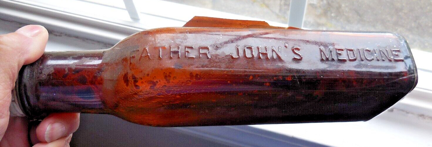 ANTIQUE FATHER JOHN'S MEDICINE EMBOSSED & LABELED BROWN BOTTLE