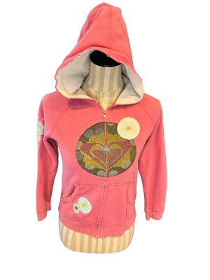 Roxy Girls Pink Vintage Embroidered Full Zip Distressed Hoodie YL/Women XS