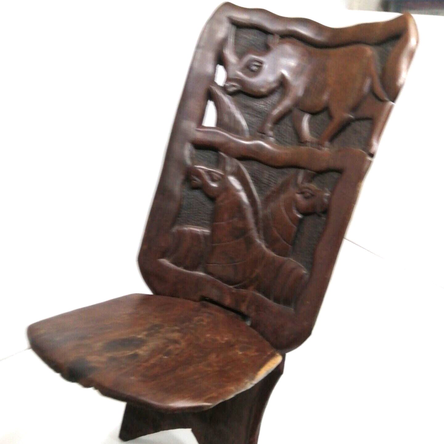 Vintage Large Hand Carved African Birthing Chair Rhinoceros Animal