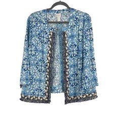 Chico s Size 2 Regular 12 Blue/Cream Printed Linen Jacket w Fringe Detailing