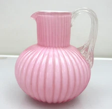 Antique Pink Cased Art Glass Ribbed Pitcher Applied Handle