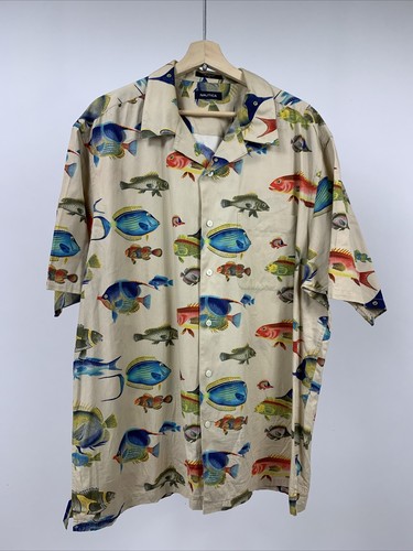 NAUTICA Ocean Fish Print Button Front Kurzarm Hawaii Camp Hemd Herren L - Bild 1 von 6
