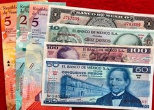 Lot Of 7 Mexico Venezuela Banknotes Series 1 51050100 Pesos Billete Bdm 7