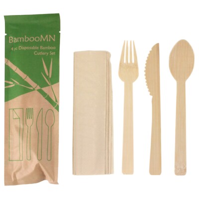 BambooMN Veneer Bamboo Wood Utensils 4pc Flatware Set - Bagged