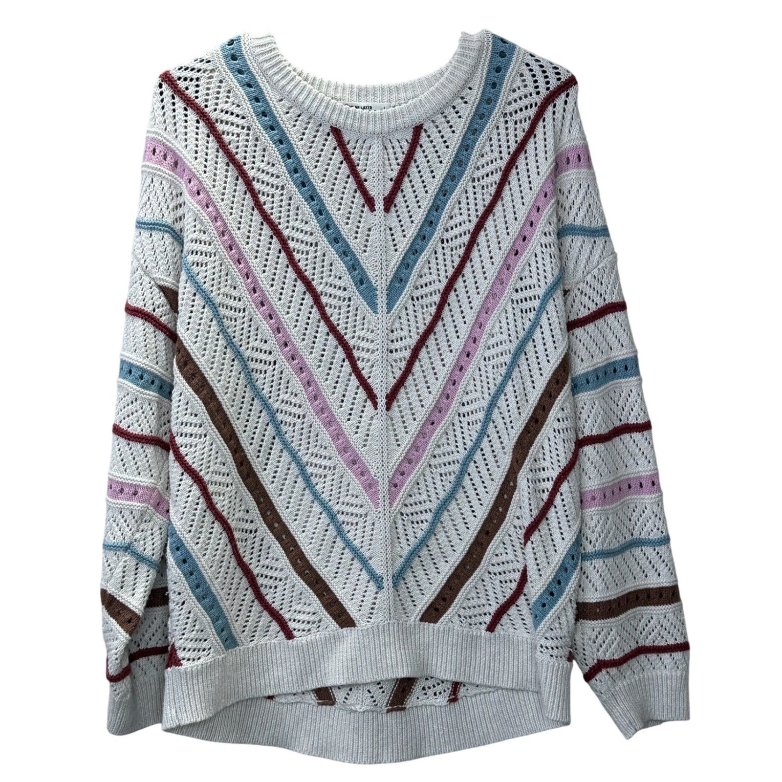 Marine Layer Brooke Chevron Pointelle Knit Sweater Cream Multi Stripe Large