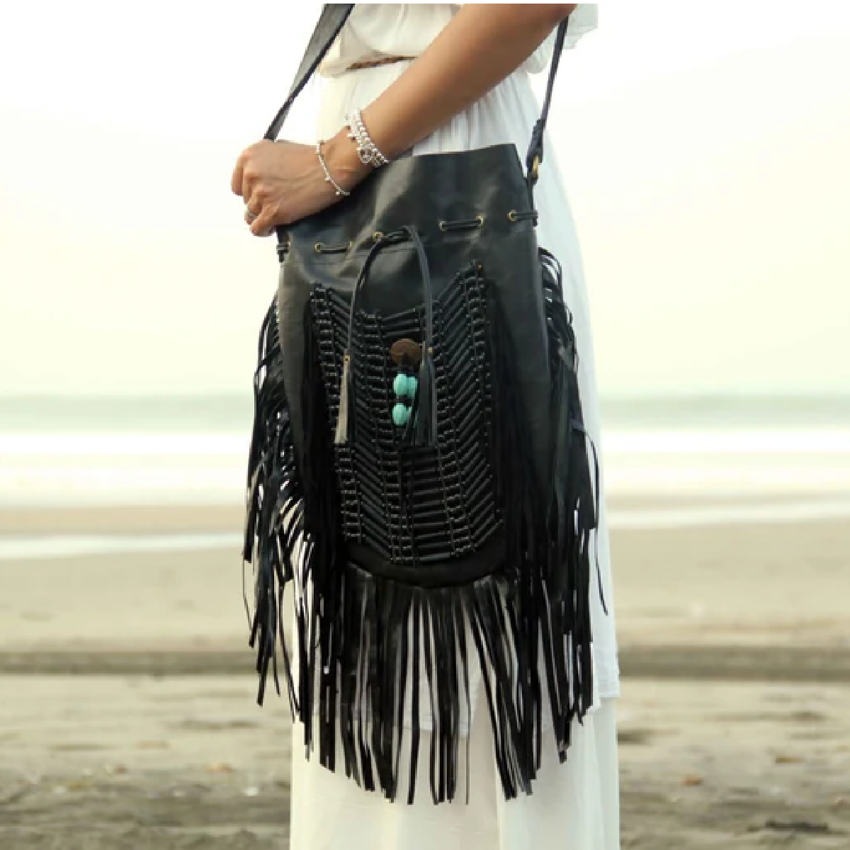 Black Handmade Leather Fringe Bag, Boho Gypsy Style,  Women Bag