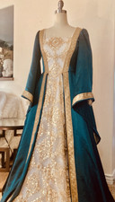 Women's Medieval Renaissance Dress Teal Gold White Long Gown Costume