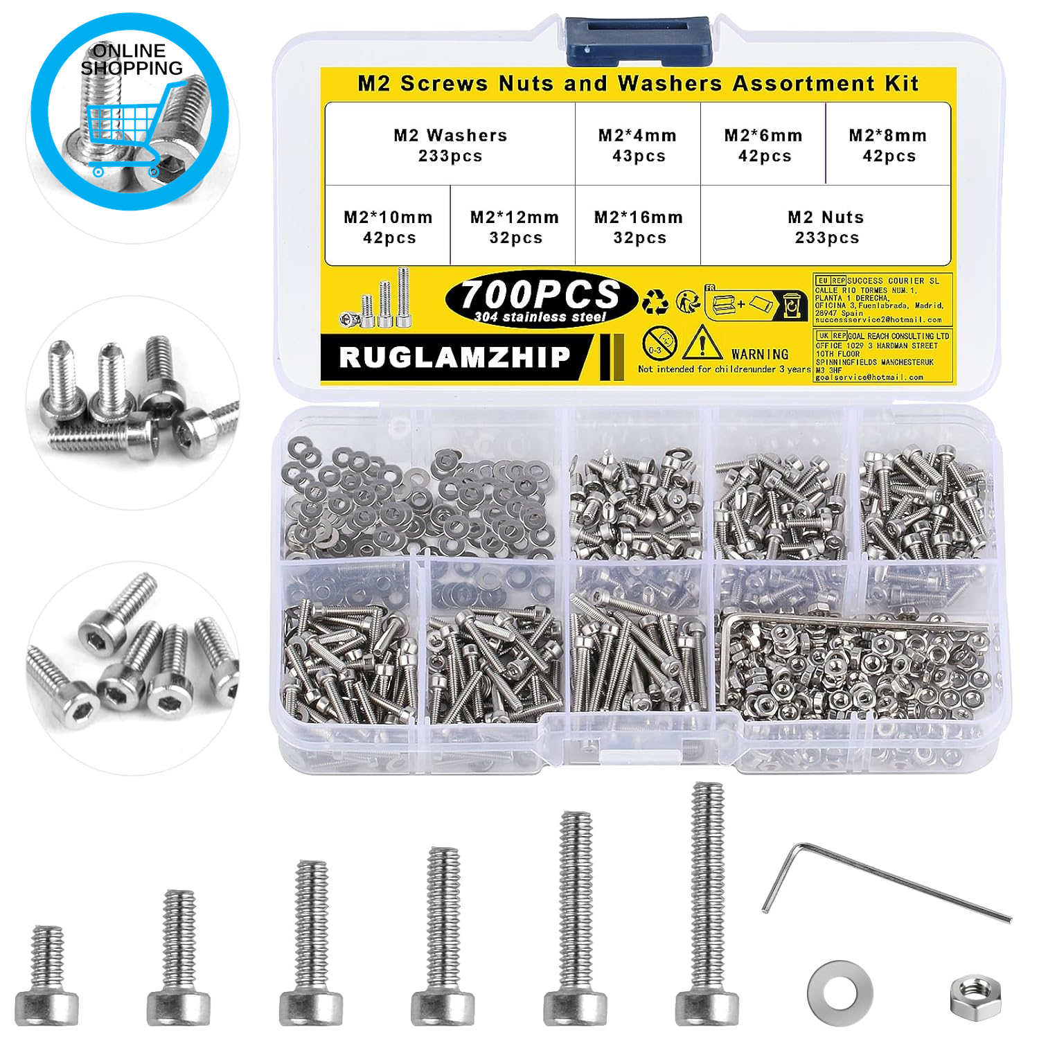 700 Pcs M2 Bolts and Nuts Set, Assorted Nuts and Bolts Set, Stainless Steel Hex