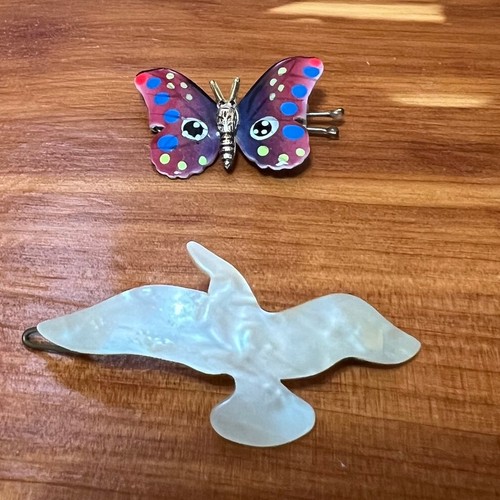 Vintage Haarspange Perlmutt Möwe & bunter Schmetterling Clip MCM