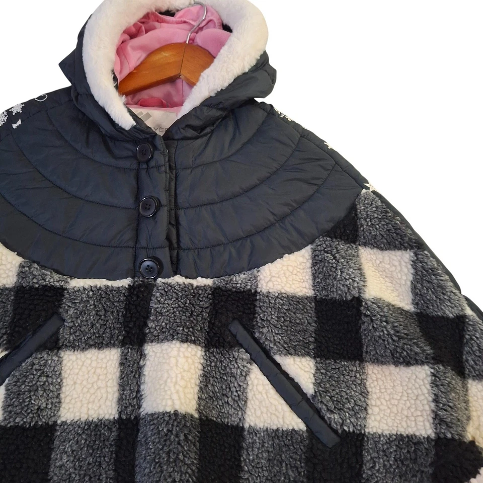 Poncho Obermeyer Juvenil Grande Negro Blanco Cuadros Sherpa Capa Acolchada con Capucha Foto 4 de 4